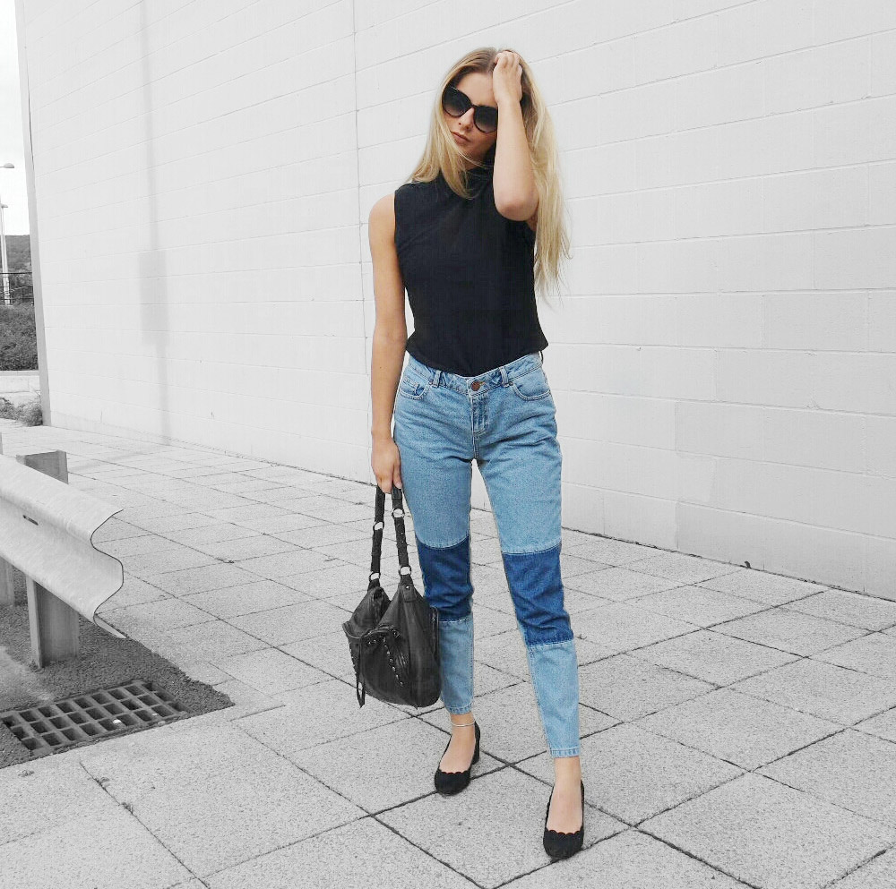 patchwork jeans outfit