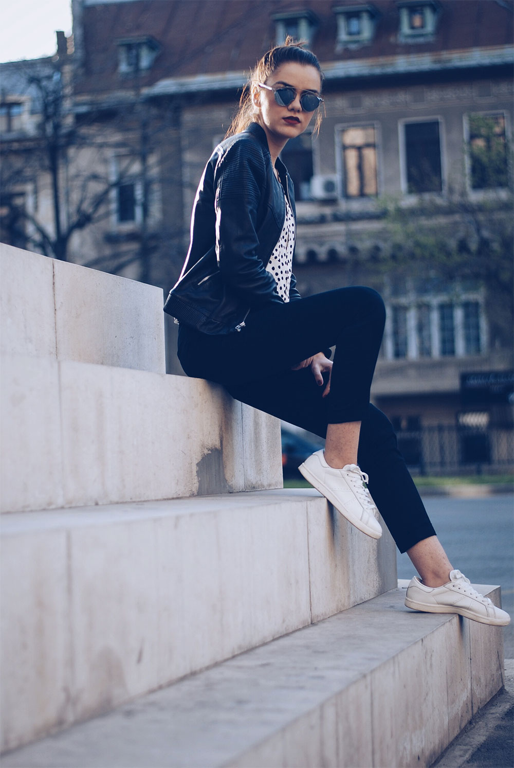 white sneakers leather jacket