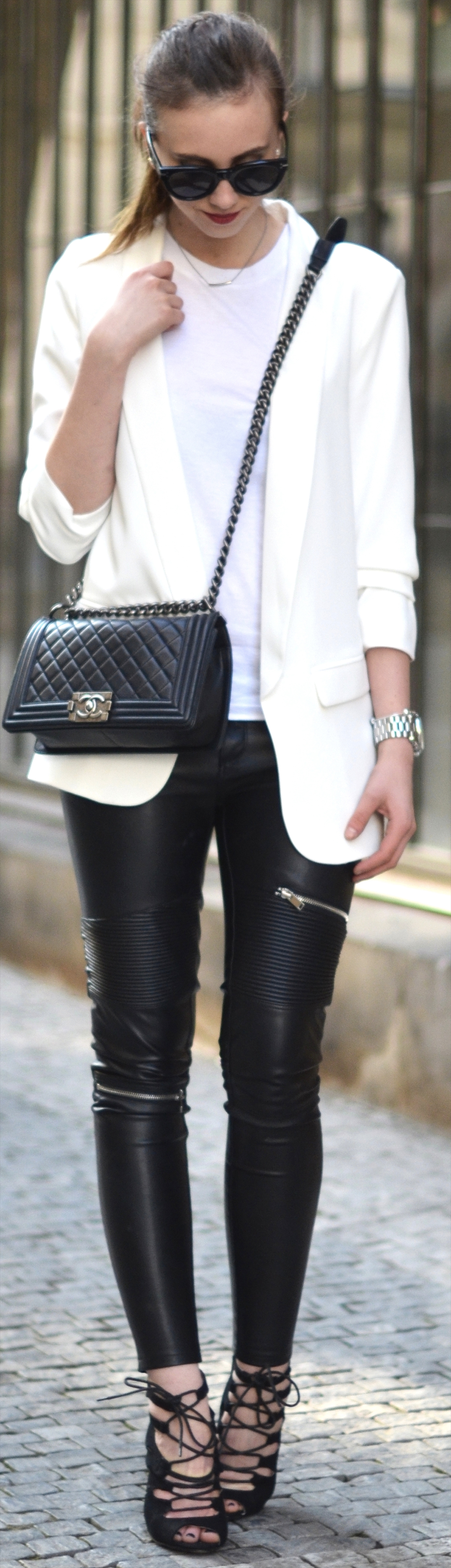 black leather white blazer