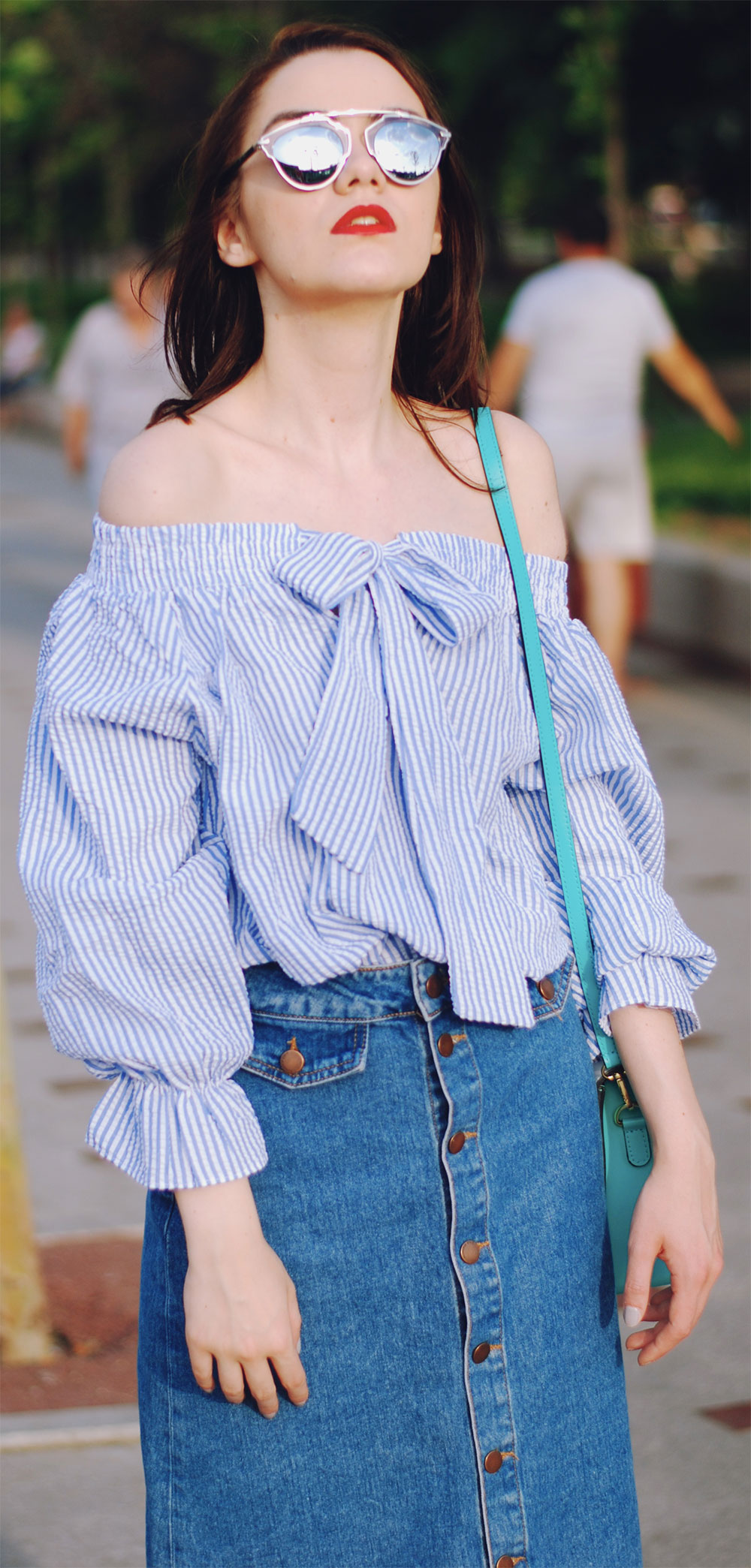 denim skirt striped off the shoulder top