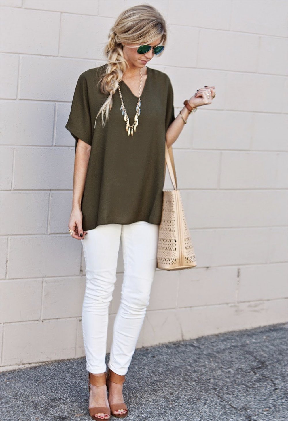 white trousers olive top