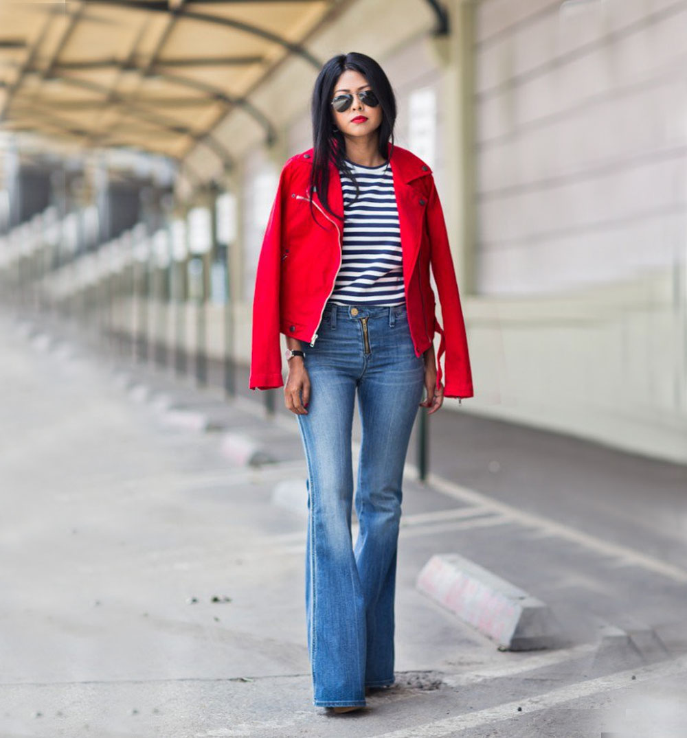 red jacket and flared jeans outfit