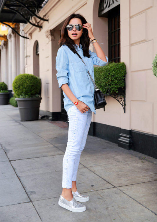 white denim metallic shoes outfits